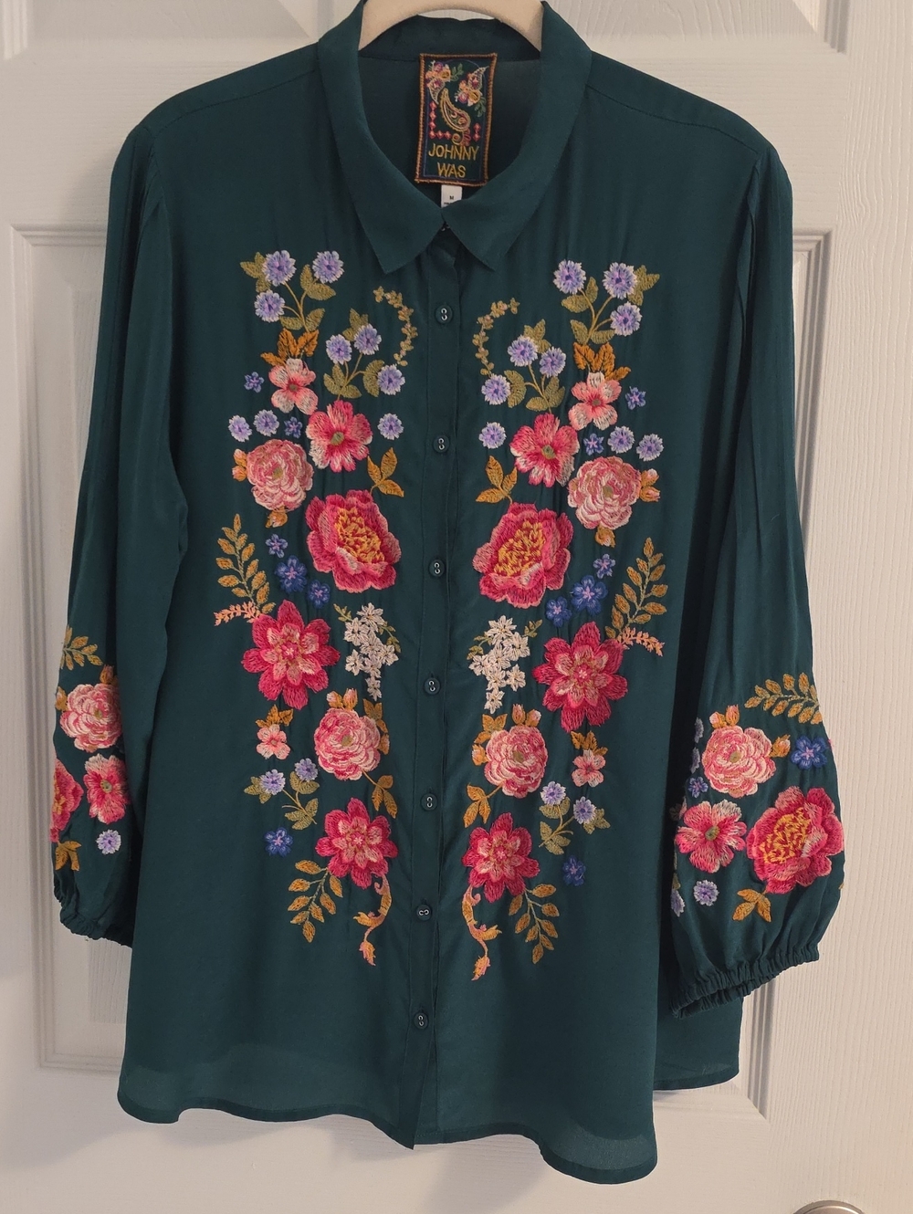 Johnny Was Deep Emeral Green Floral Embroidered Button-Down Shirt